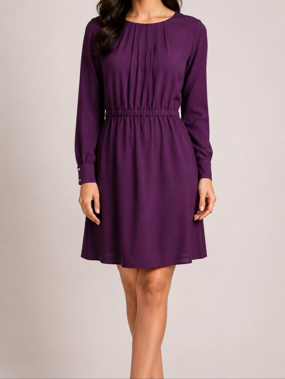 H&M Long-Sleeve Pleated Waist Dress in Plum - Size M